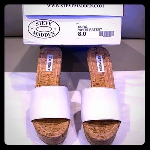Steve Madden white patent leather wedge slides